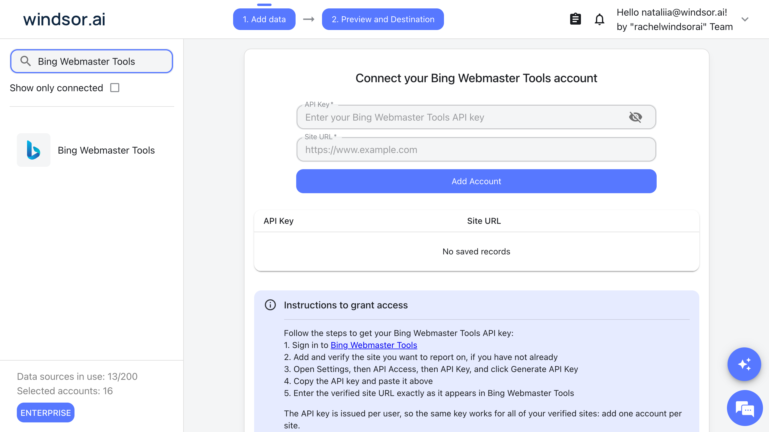 Bing Webmaster Tools data source windsor