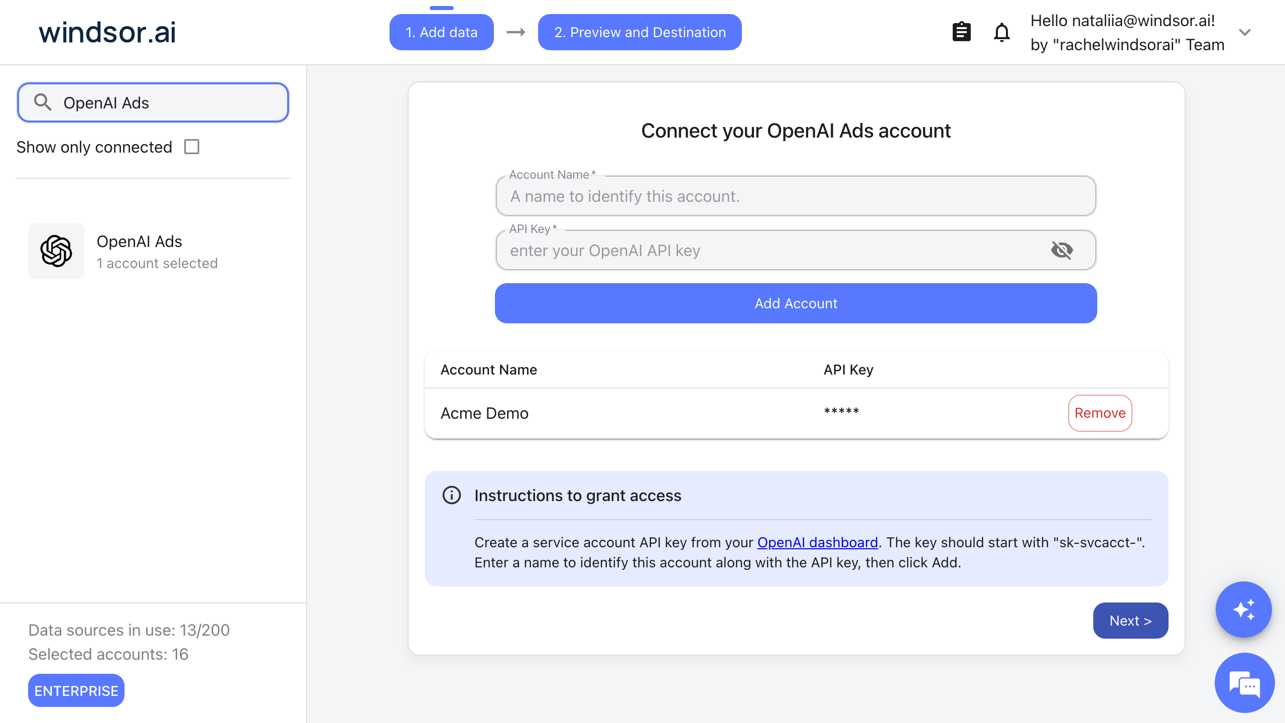 OpenAI Ads data source windsor
