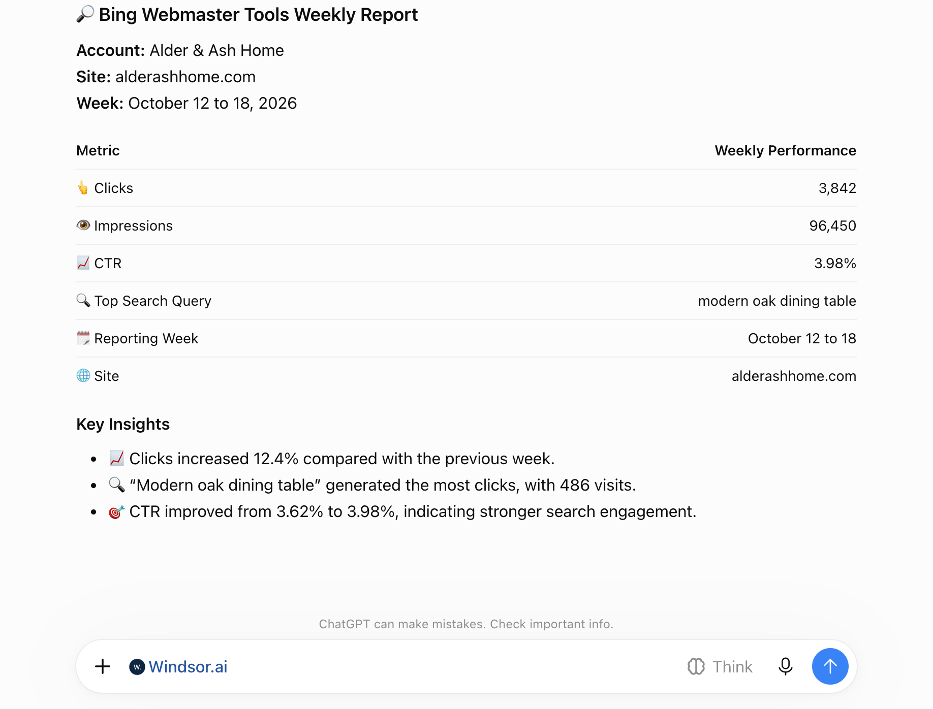 Bing Webmaster Tools weekly performance report in ChatGPT