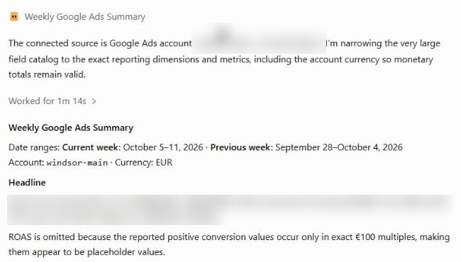 The agent's weekly Google Ads summary with the two date ranges, the account currency and a note that ROAS was left out (account ID and headline figures blurred)