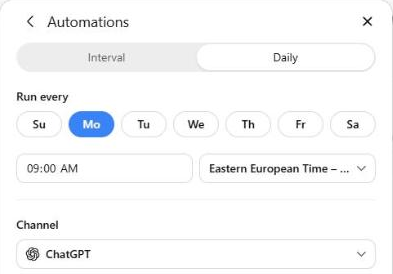 Automations dialog: Daily, Monday at 09:00 AM in Eastern European Time, ChatGPT channel