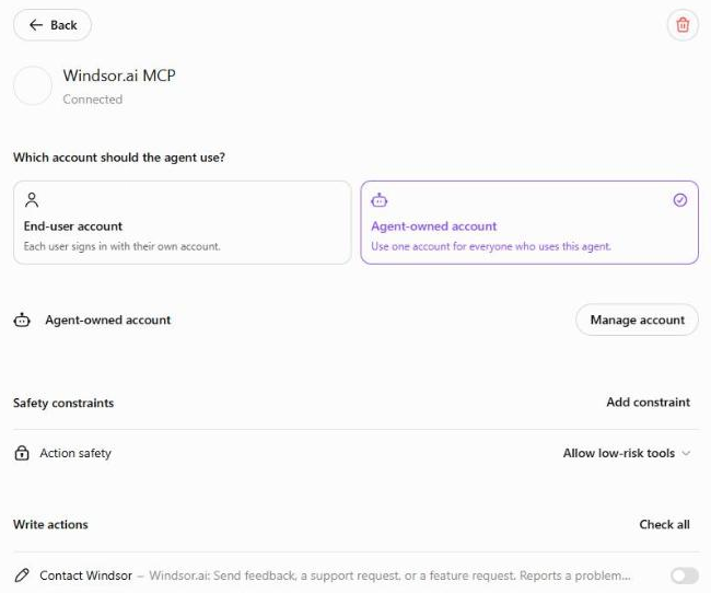 Windsor.ai MCP settings inside the agent: end-user or agent-owned account, action safety, and the list of write actions