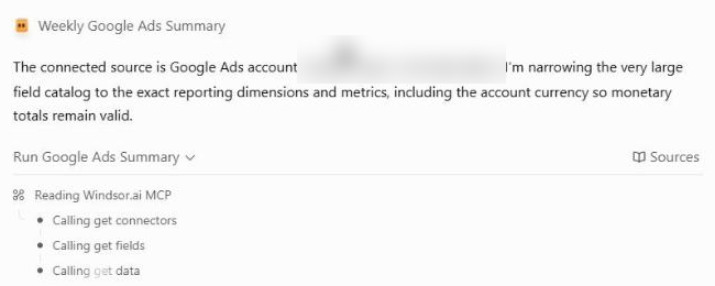 Preview run of the workspace agent reading Windsor.ai MCP: calling get connectors, get fields and get data (account ID blurred)