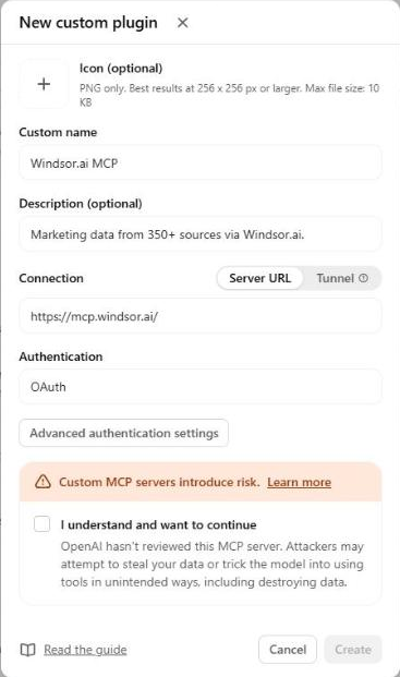 New custom plugin form in the OpenAI Admin Console with the name Windsor.ai MCP, server URL https://mcp.windsor.ai/ and OAuth authentication
