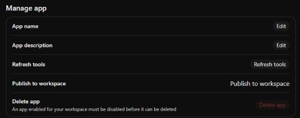 Manage app section of the plugin settings with the Refresh tools button
