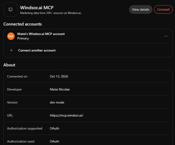 ChatGPT Settings, Plugins: Windsor.ai MCP with a connected primary account, URL https://mcp.windsor.ai/ and OAuth authorization