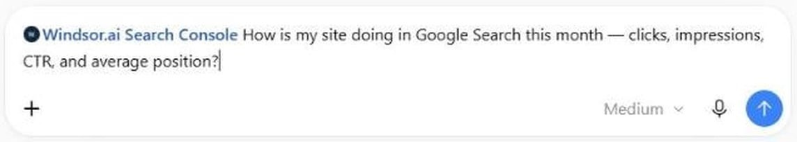 ChatGPT message box with the Windsor.ai Search Console plugin chip