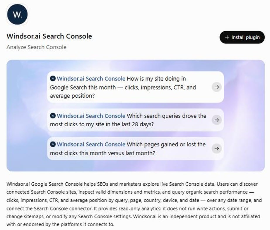 The Windsor.ai Search Console plugin page in ChatGPT, read-only