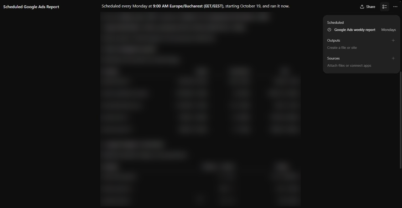 ChatGPT Work report with the line Scheduled every Monday at 9:00 AM Europe/Bucharest and the Google Ads weekly report in the Scheduled panel (figures blurred)