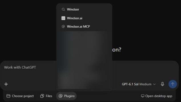 ChatGPT Work with the Plugins menu open and Windsor.ai found by searching Windsor (other results blurred)