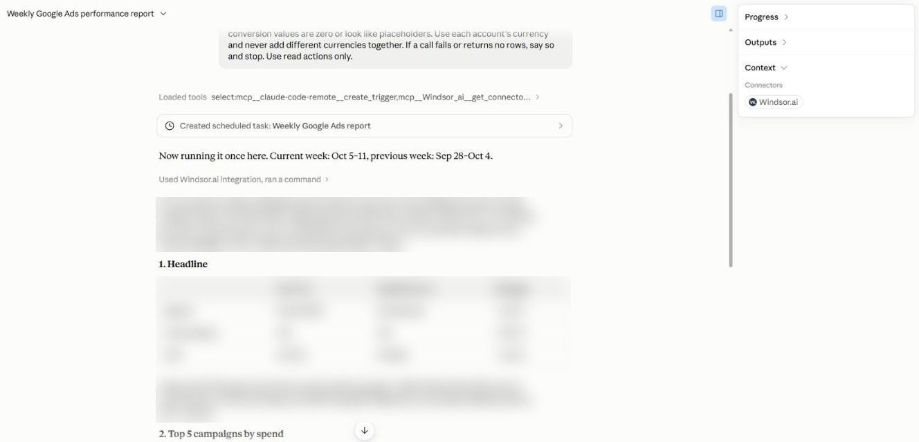 Claude Cowork test run: Created scheduled task Weekly Google Ads report, then the report with a headline table, and Windsor.ai listed as the connector used (account and figures blurred)