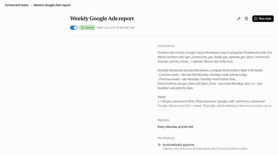 Claude scheduled task page for the Weekly Google Ads report: active, next run 19 October at 8:50 AM, every Monday, permissions set to automatically approve