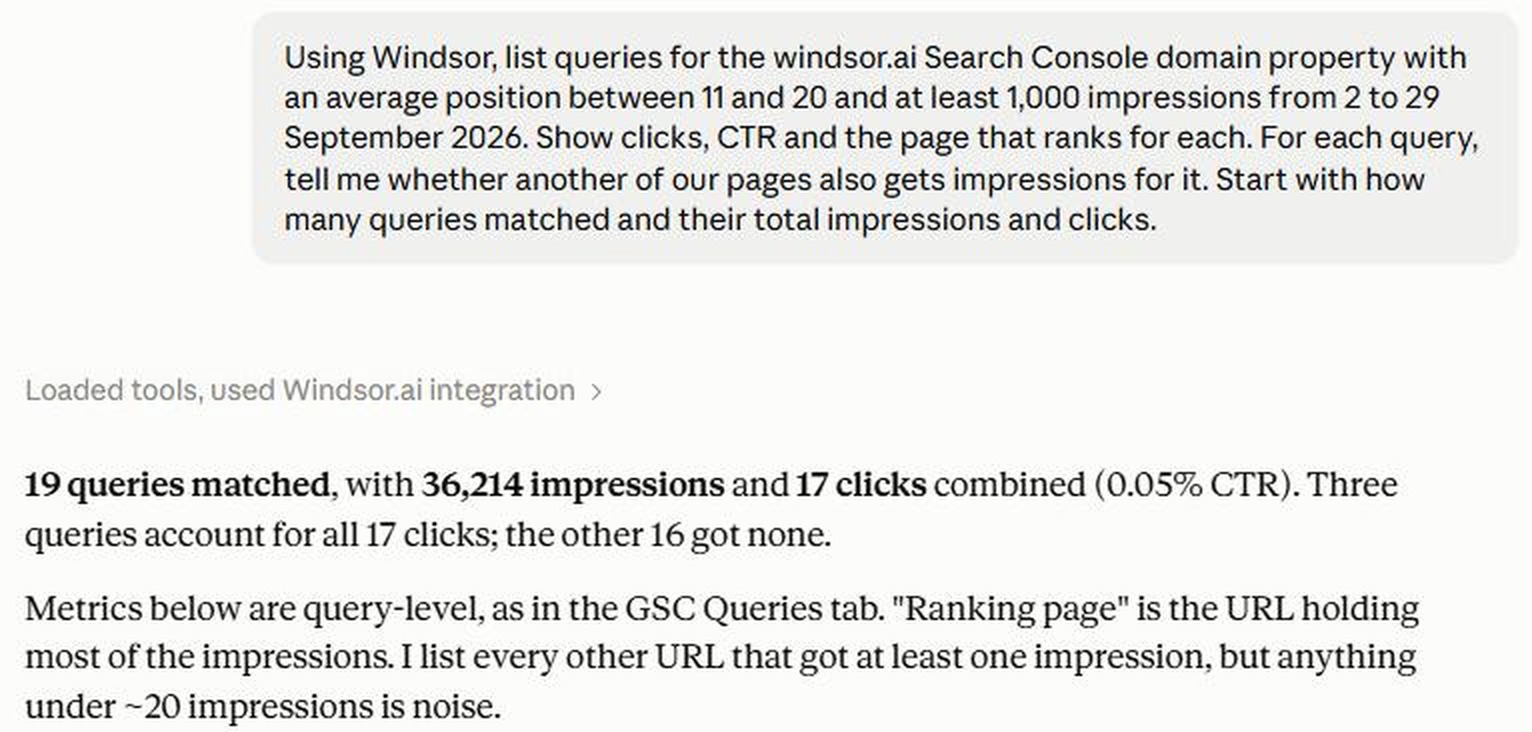 Claude answering the page-two queries prompt on windsor.ai Search Console data through the Windsor.ai connector: 19 queries, 36,214 impressions, 17 clicks