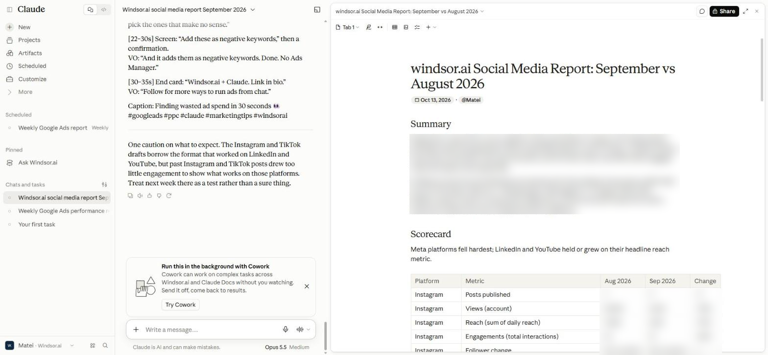 Claude chat next to its social media report document with a summary and a scorecard by platform (figures blurred)