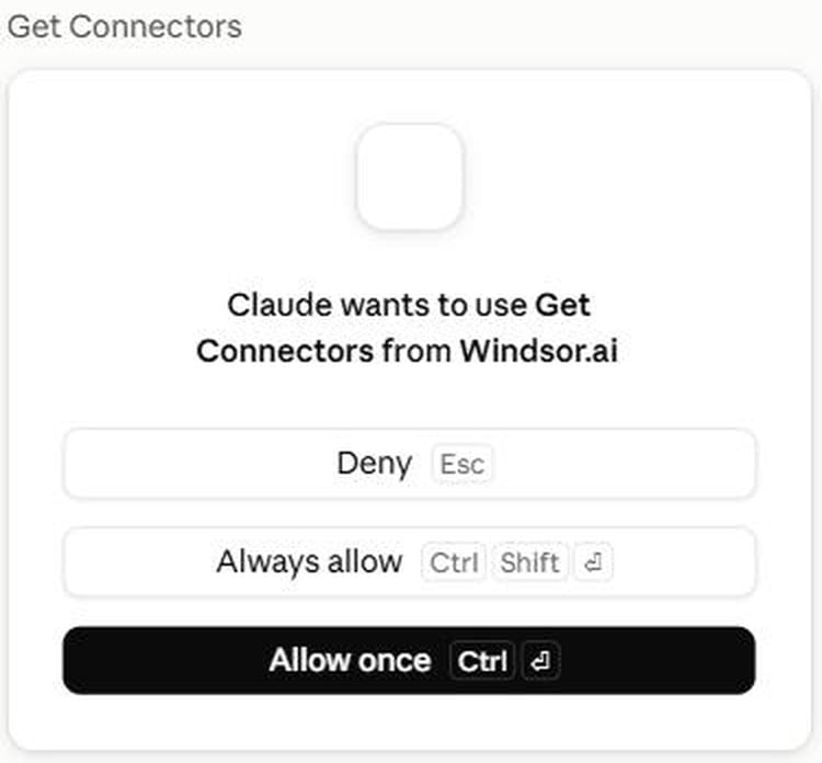 Claude asking to use a Windsor.ai tool, with Deny, Always allow and Allow once