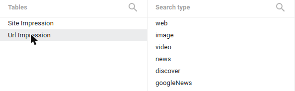 Choosing the Site Impression or URL Impression table and the search type in Data Studio's Search Console connector