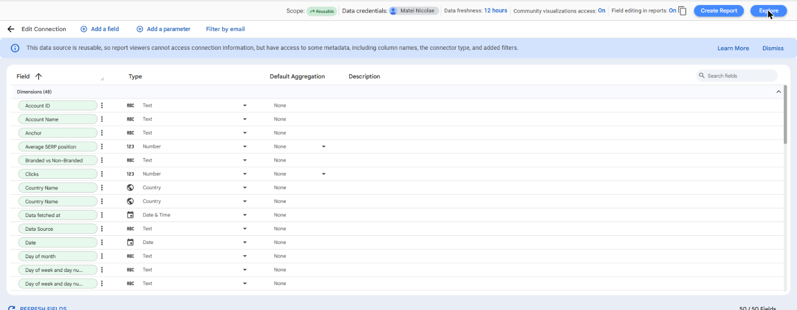Windsor.ai Search Console data source in Data Studio with 50 fields
