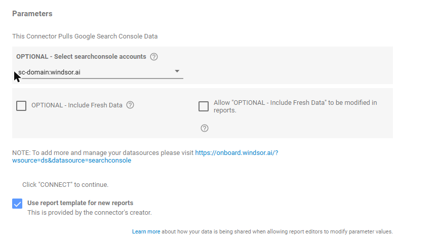 Windsor.ai Search Console connector in Data Studio with sc-domain:windsor.ai selected