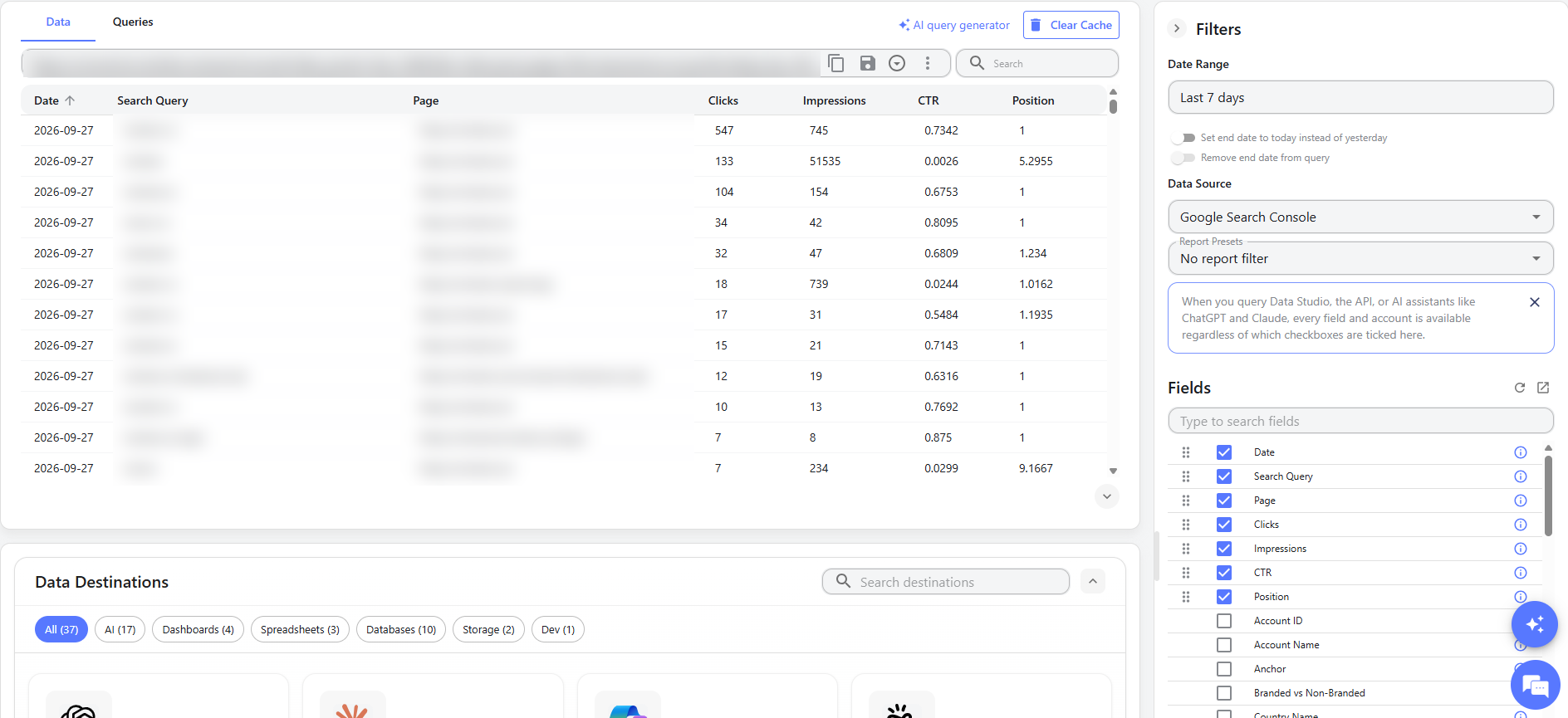 Windsor.ai Preview and Destination page with Data Source set to Google Search Console and seven fields ticked, data blurred