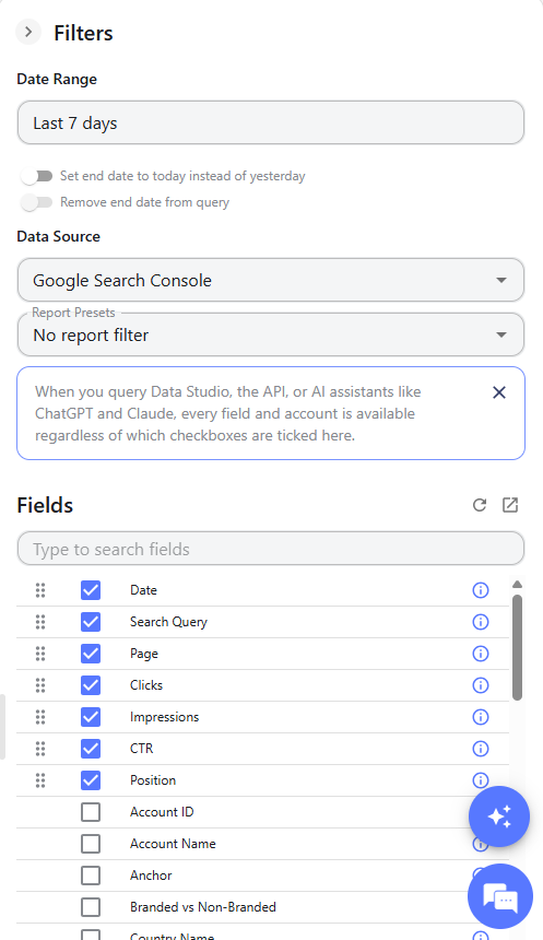Windsor.ai right-side panel: Date Range, Data Source Google Search Console and the ticked Search Console fields