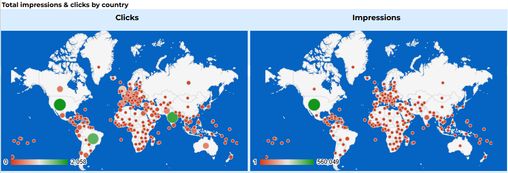Google Sheets Search Console template: maps of clicks and impressions by country for windsor.ai