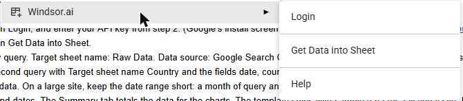 Google Sheets Extensions menu with the Windsor.ai add-on: Login, Get Data into Sheet, Help