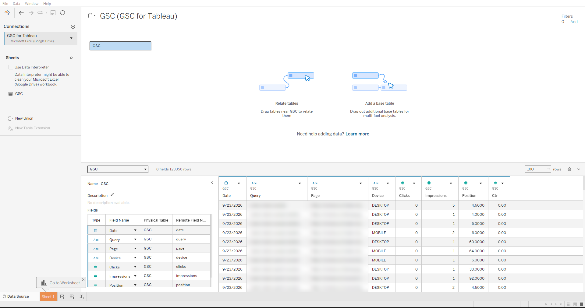 Tableau Public data source: Search Console data from a Google Sheet filled by Windsor.ai, 8 fields and 123,356 rows, query and page blurred