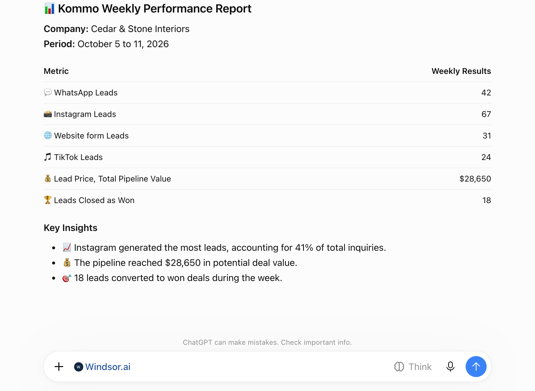 Kommo weekly performance report in ChatGPT