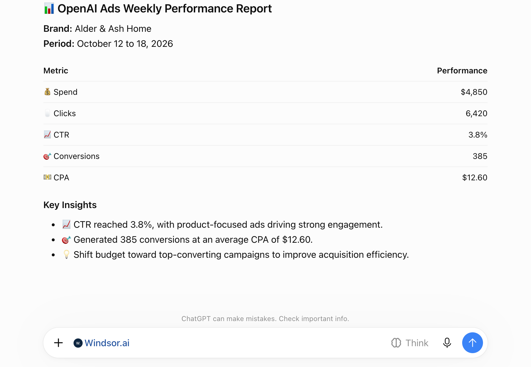 OpenAI Ads weekly performance report in ChatGPT
