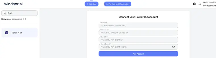 Piwik PRO data source in Windsor.ai: Connect your Piwik PRO account with domain, website ID, client ID and client secret
