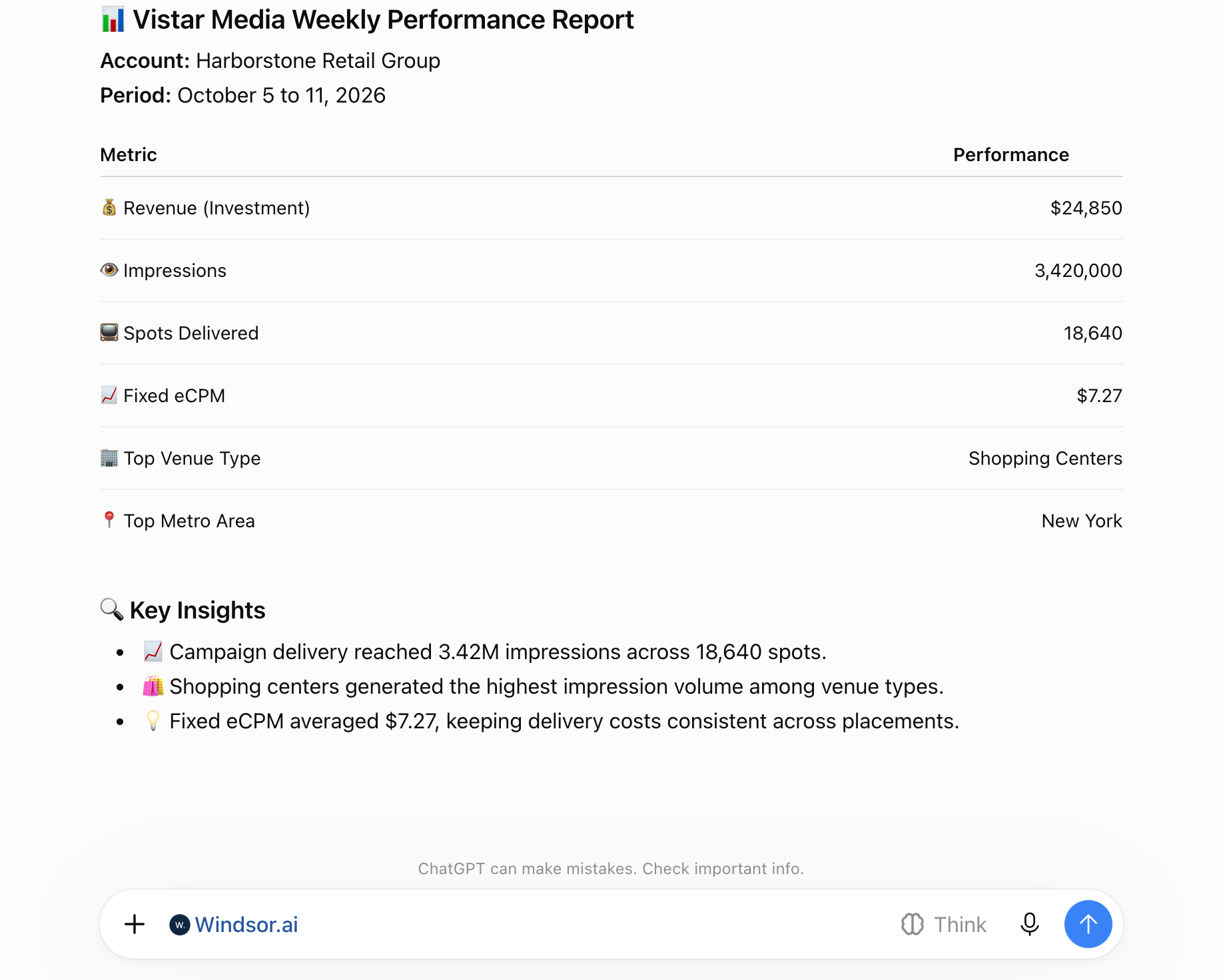 Vistar Media weekly performance report in ChatGPT