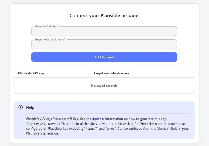 Connect your Plausible account form with API key and website domain fields, Add Account button and Help box