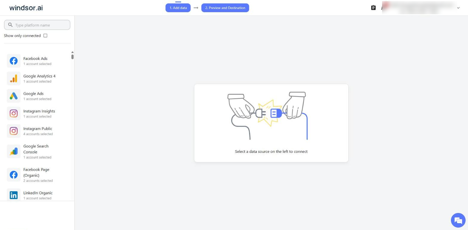Windsor.ai onboarding screen with the data source list and search box in the left sidebar