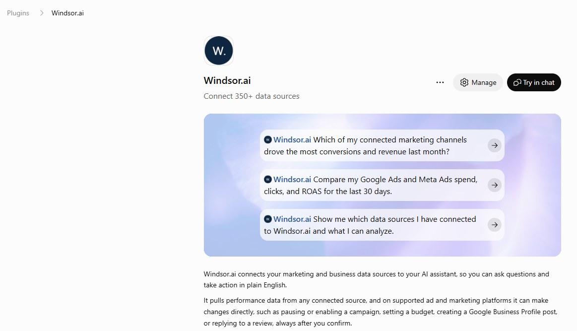 The Windsor.ai plugin page in ChatGPT, connected, with the Manage and Try in chat buttons