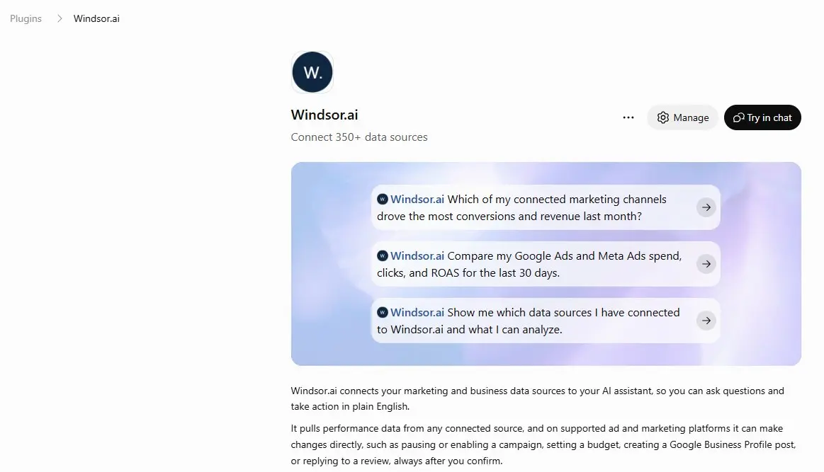 The Windsor.ai plugin page in ChatGPT, connected, with the Manage and Try in chat buttons