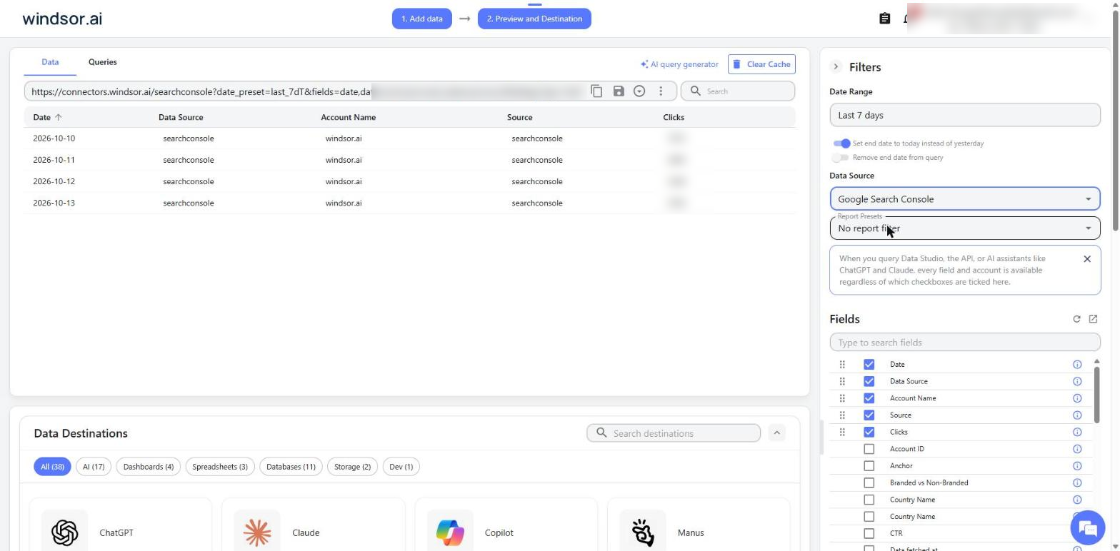 Preview and Destination screen with a data preview table, the Filters and Fields panel and the Data Destinations list