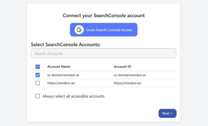 Select SearchConsole Accounts list with checkboxes, the Always select all accessible accounts option and the Next button