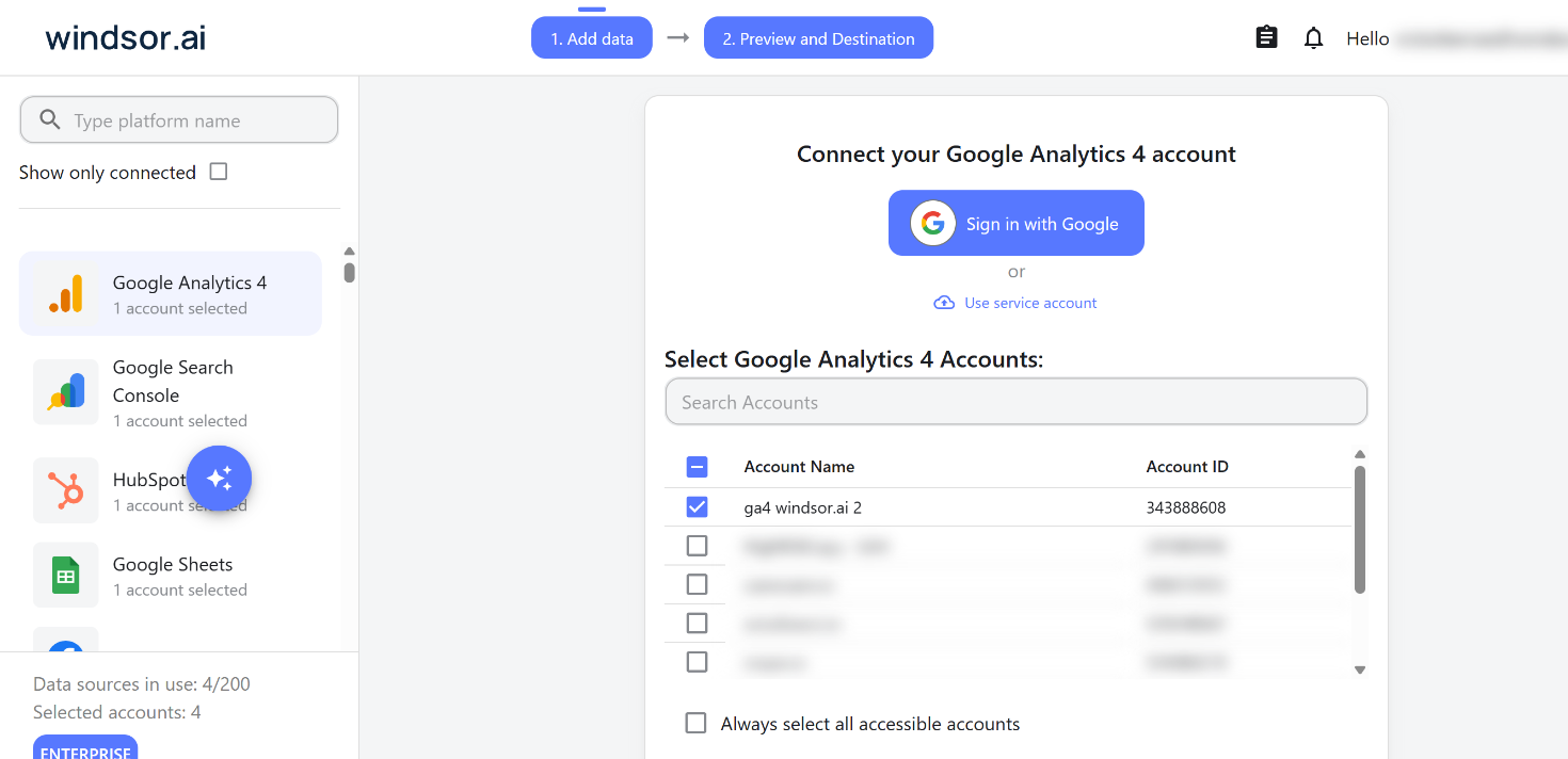 Windsor.ai onboarding page with the GA4 connector selected Windsor.ai onboarding page with the GA4 connector selected and a property chosen.