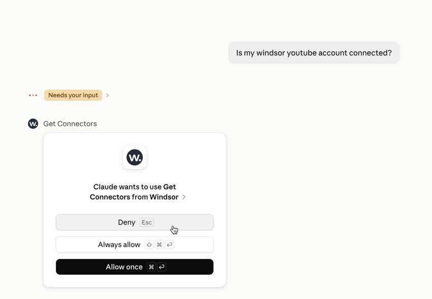 Claude asking permission to use the Windsor.ai connector with the options Deny, Always allow and Allow once