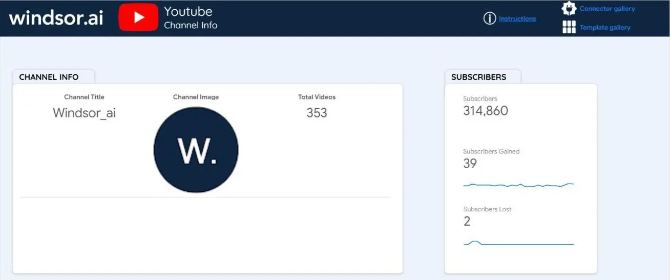 YouTube Data Studio template Channel Info page showing a Subscribers card of 314,860 for a channel with 1,820 subscribers, plus 39 gained and 2 lost